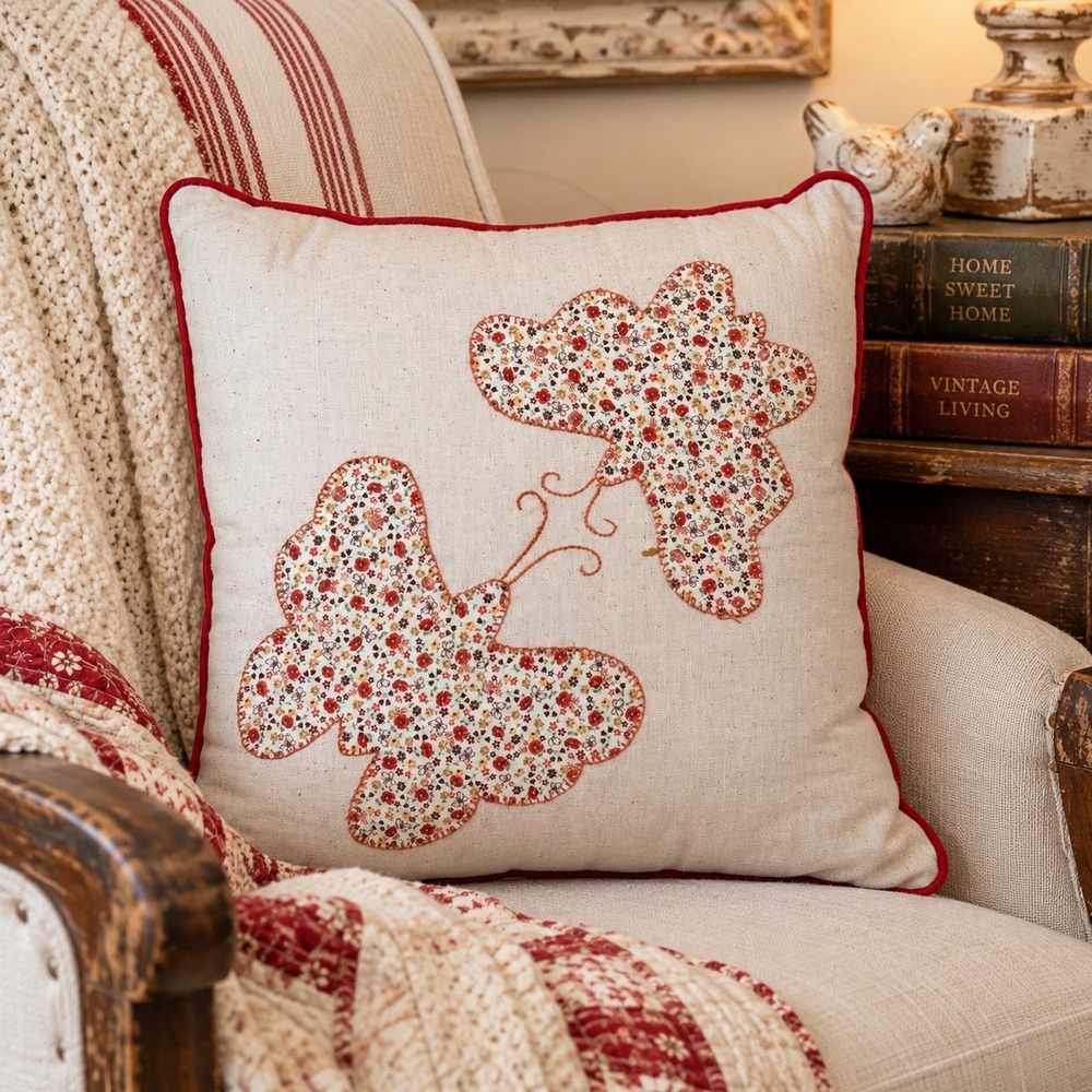 Vintage Handmade Butterfly Appliqué Pillow Floral Cottagecore Folk Art 13"